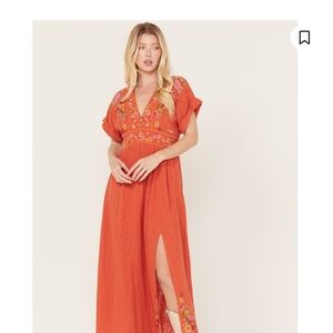 Free People Maisle Embroidered Orange Maxi Dress